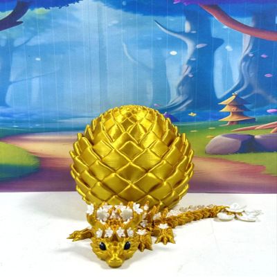 3D Printed Baby Dragon with Dragon Egg, Articulated Baby Dragon, 6" Gold and White Cherry Blossom Baby Dragon, Fidget ADHD Autism Toy BD004-GOLD-GE