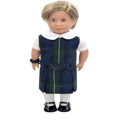 18 inch Doll Outfit-School Plaid Jumper Include Blouse and Hair Accessory/Add on Option: Sock and Shoe (Doll is not Included) (Dropped Waist Jumper,Sock,ShinyBlack Shoe, Plaid 55)