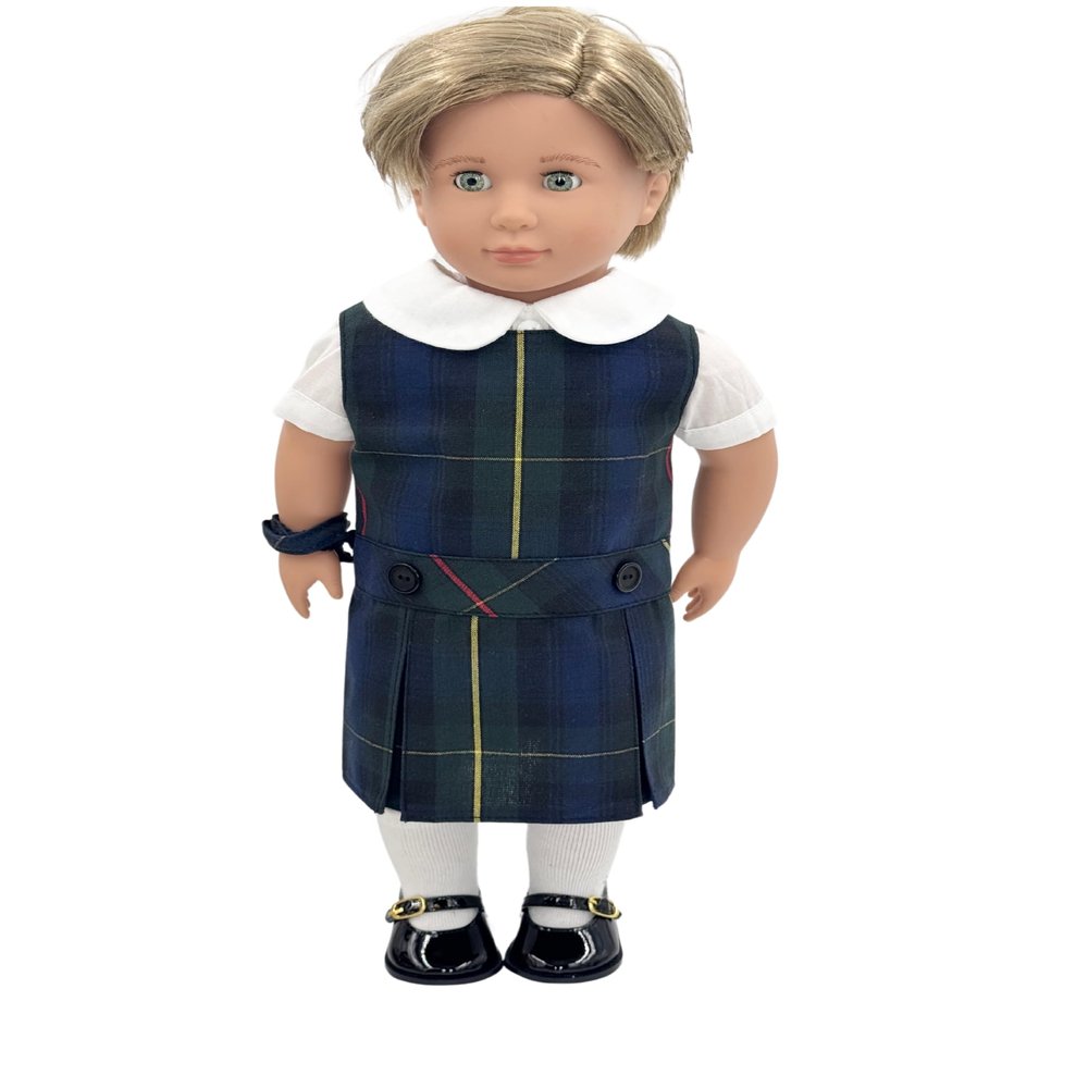 18 inch Doll Outfit-School Plaid Jumper Include Blouse and Hair Accessory/Add on Option: Sock and Shoe (Doll is not Included) (Dropped Waist Jumper,Sock,ShinyBlack Shoe, Plaid 55)