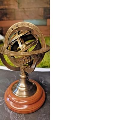 Antique Style Decorative Brass Armillary Sphere Globe with Wooden Base Astronomical Sundial 5 Inches