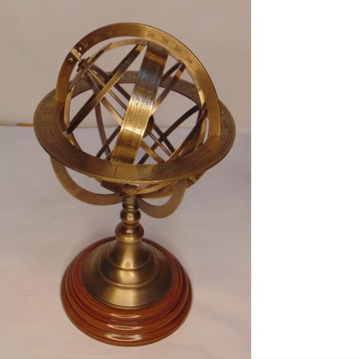 Brass Armillary Sphere Globe with Wooden Base Decorative Astronomical Instrument 8 inches Best Gift Item