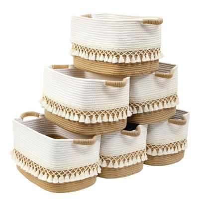 6 Pack Storage Basket for Shelves, Boho Cotton Rope Storage Bins with Heavy Tassel, Shelf Baskets Large Woven Baskets for Organizing, Cube Organizer Bins, Baby Laundry Basket for Clothes, Toys, Pets
