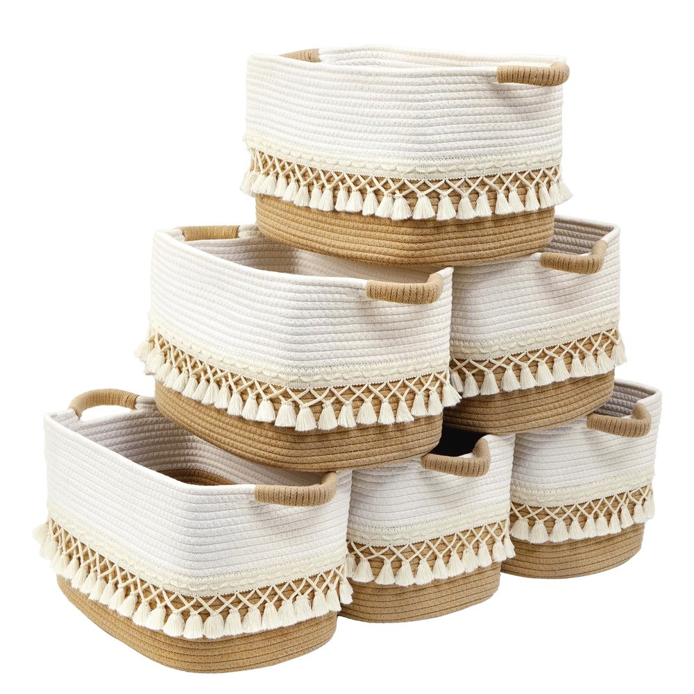 6 Pack Storage Basket for Shelves, Boho Cotton Rope Storage Bins with Heavy Tassel, Shelf Baskets Large Woven Baskets for Organizing, Cube Organizer Bins, Baby Laundry Basket for Clothes, Toys, Pets