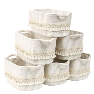 6 Pack Storage Basket for Shelves, Boho Cotton Rope Storage Bins with Heavy Tassel, Shelf Baskets Large Woven Baskets for Organizing, Cube Organizer Bins, Baby Laundry Basket for Clothes, Toys, Pets