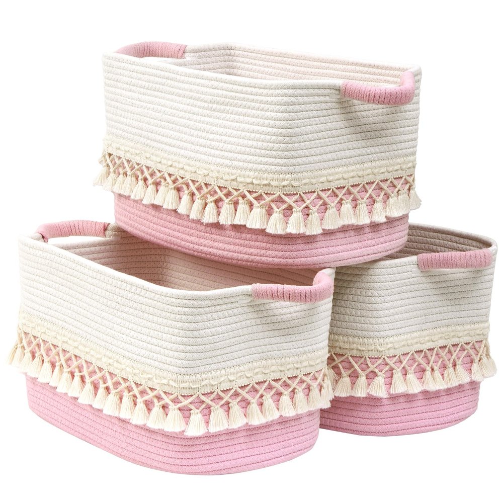 3 Pack Storage Basket for Shelves, Boho Cotton Rope Storage Bins with Heavy Tassel, Shelf Baskets Large Woven Baskets for Organizing, Cube Organizer Bins, Baby Laundry Basket for Clothes, Toys, Pets