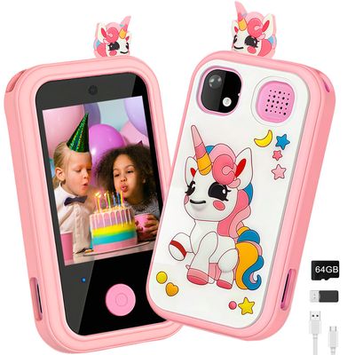 Kids Smart Phone for Girls, Touchscreen, 64GB Card Birthday Gifts for Girls Age 3, 4, 5, 6, 7, 8, 10 Year Old, Toddler Educational Learning Toys Phone with Dual Camera, Game, Music Player