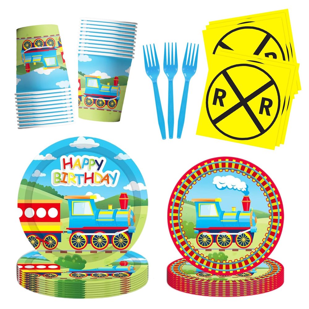100pcs Train Party Supplies Set Serves 20, Includes Plates, Napkins, Cups, Forks for Train Birthday Party Decorations