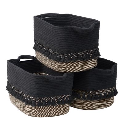 3 Pack Storage Basket for Shelves, Boho Cotton Rope Storage Bins with Heavy Tassel, Shelf Baskets Large Woven Baskets for Organizing, Cube Organizer Bins, Baby Laundry Basket for Clothes, Toys, Pets