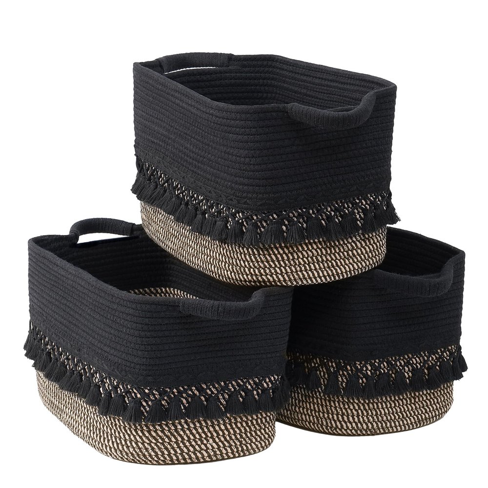 3 Pack Storage Basket for Shelves, Boho Cotton Rope Storage Bins with Heavy Tassel, Shelf Baskets Large Woven Baskets for Organizing, Cube Organizer Bins, Baby Laundry Basket for Clothes, Toys, Pets