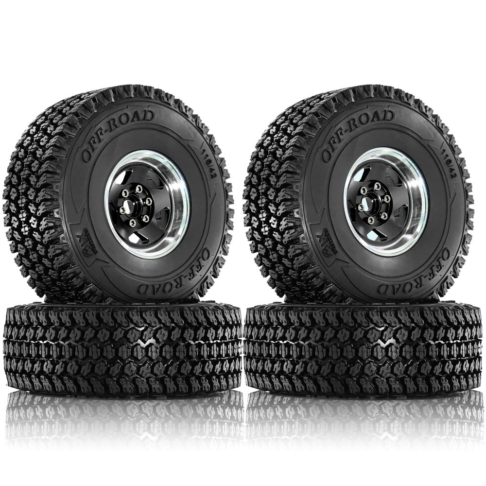 116mm 1.9 inch RC Tracked Rubber Tires Aluminum Beadlock Wheels Terrain Set 12mm Hex Fits Most 1/10 Tracked Vehicles Such as TRX-4 D90 D110 TF2 Tamiya CC01 AXI03007 Axial 90047 SCX10III R229 (Black)