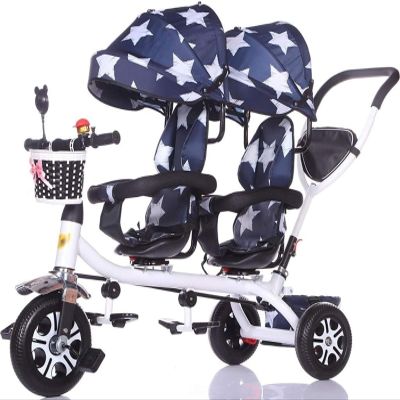 Baby Tricycle, Kids Tandem Tricycle with Double Seat and Canopy, Comfortable and Reversible Seat, Bicycle Twin Baby with Parent Handle Toddler Trike for 1-8 Years Old Kid(Blue)