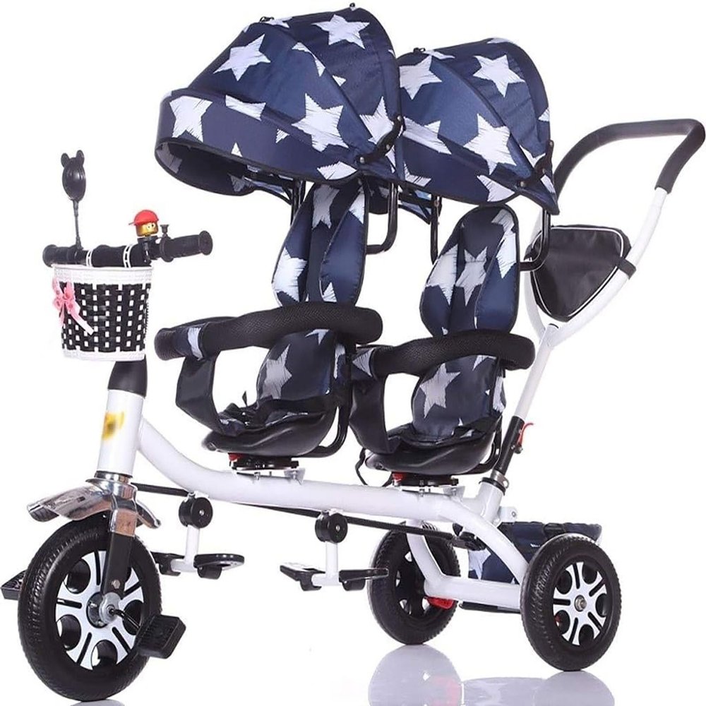 Baby Tricycle, Kids Tandem Tricycle with Double Seat and Canopy, Comfortable and Reversible Seat, Bicycle Twin Baby with Parent Handle Toddler Trike for 1-8 Years Old Kid(Blue)