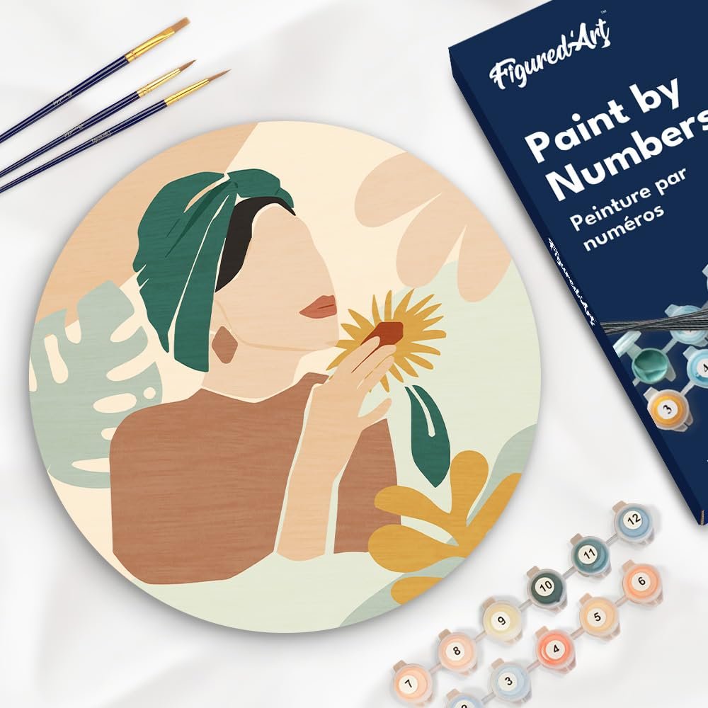 Figured'Art Paint by Numbers Kit for Adults on Wood Slice, 11.8in Diameter - Abstract Woman in Green Turban - Craft Art Painting DIY Canvas