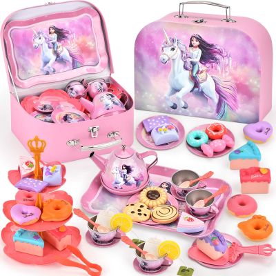 Lajeje Toddlers Unicorn Tea Party Set for Little Girls, Pretend Tin Teapot Set, Princess Tea Time Play Kitchen Toy with Dessert, Doughnut, Carrying Case for Birthday Easter Gifts Age 3 4 5 6