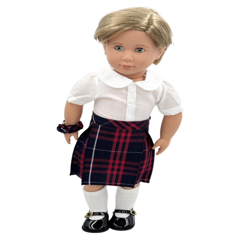 18 inch Doll Outfit-School Plaid Jumper Include Blouse and Hair Accessory/Add on Option: Sock and Shoe (Doll is not Included) (Pleated Skirt,Sock,ShinyBlack Shoe, Plaid 36)