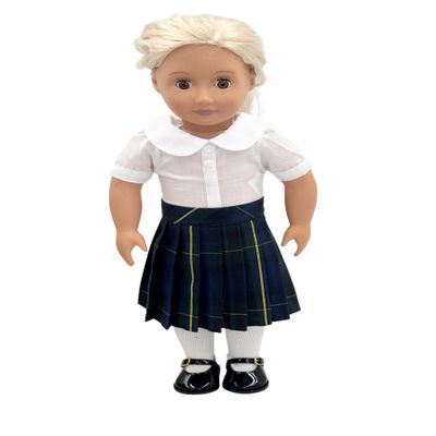 18 inch Doll Outfit-School Plaid Jumper Include Blouse and Hair Accessory/Add on Option: Sock and Shoe (Doll is not Included) (Pleated Skirt,Sock,ShinyBlack Shoe, Plaid 55)