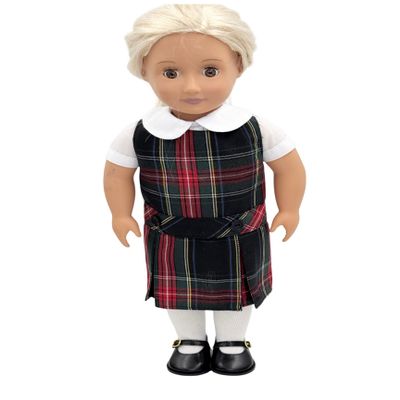 18 inch Doll Outfit-School Plaid Jumper Include Blouse and Hair Accessory/Add on Option: Sock and Shoe (Doll is not Included) (Dropped Waist Jumper,Sock,Matte Black Shoe, Plaid 63)
