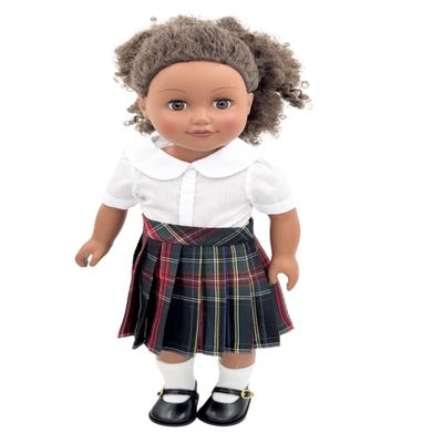 18 inch Doll Outfit-School Plaid Jumper Include Blouse and Hair Accessory/Add on Option: Sock and Shoe (Doll is not Included) (Pleated Skirt,Sock,Matte Black Shoe, Plaid 63)