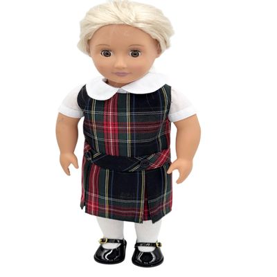 18 inch Doll Outfit-School Plaid Jumper Include Blouse and Hair Accessory/Add on Option: Sock and Shoe (Doll is not Included) (Dropped Waist Jumper,Sock,ShinyBlack Shoe, Plaid 63)