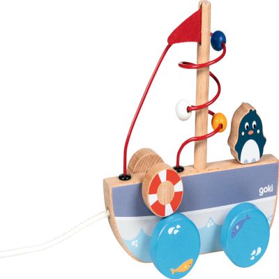 goki 54849 - AHOI Drawing Boat with Wooden Bow, Boat Drawing Toy, Educational Toy with Rope, Baby Toy Promotes Coordination and Motor Skills 17cm x 7cm