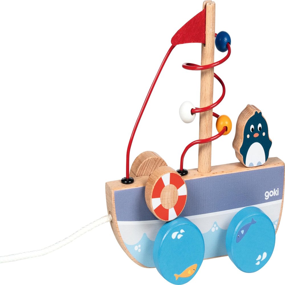 goki 54849 - AHOI Drawing Boat with Wooden Bow, Boat Drawing Toy, Educational Toy with Rope, Baby Toy Promotes Coordination and Motor Skills 17cm x 7cm