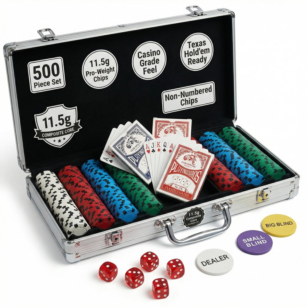 LOYCHIP 500 Piece Poker Chip Set for Texas Holdem with 11.5g Heavyweight Composite Chips Aluminum Case Cards Buttons Professional Casino Gaming Kit for Adult Game Night