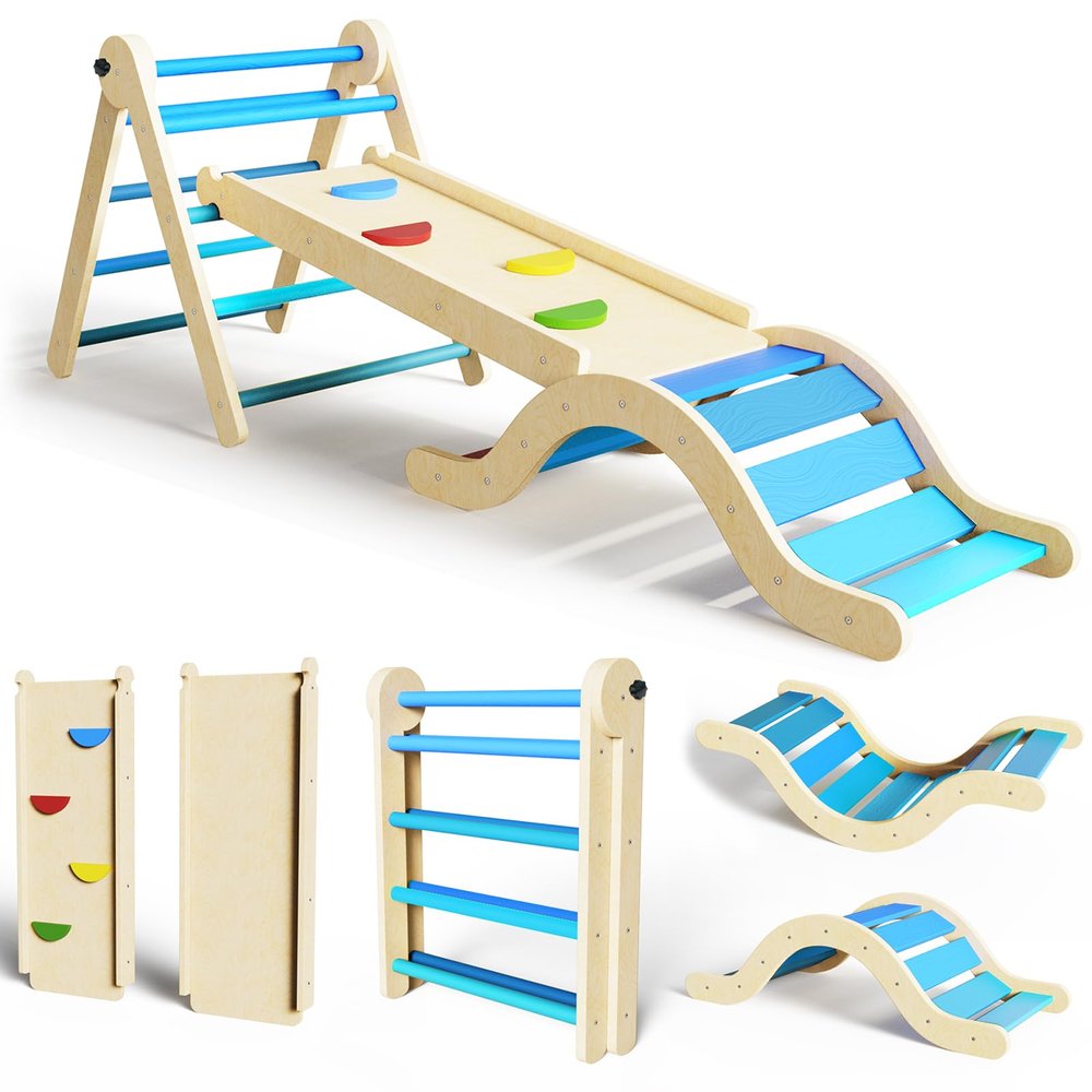 doowroodni Pikler Triangle Set 7in1 Toddler Toy Indoor Foldable Montessori Climbing Set with Arch, Ramp, Ladder for 1-3 Years, Jungle Gym for Kids (Sky Blue)