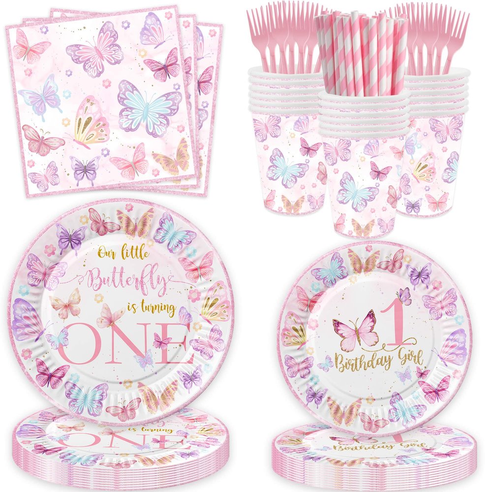 120 Pcs Butterfly 1st Birthday Party Supplies Girl Pink Our Little Butterfly is Turning One Party Decoration Includes Paper Plates Napkins Cups Straws Forks for Butterfly One Year Old Birthday Favors
