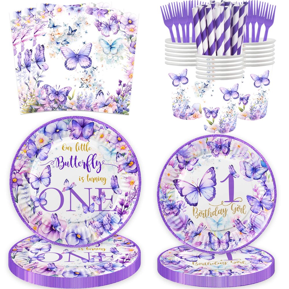 120 Pcs Butterfly 1st Birthday Party Supplies Girl Purple Our Little Butterfly is Turning One Decoration Includes Paper Plates Napkins Cups Straws Forks for Butterfly One Year Old Birthday Favors