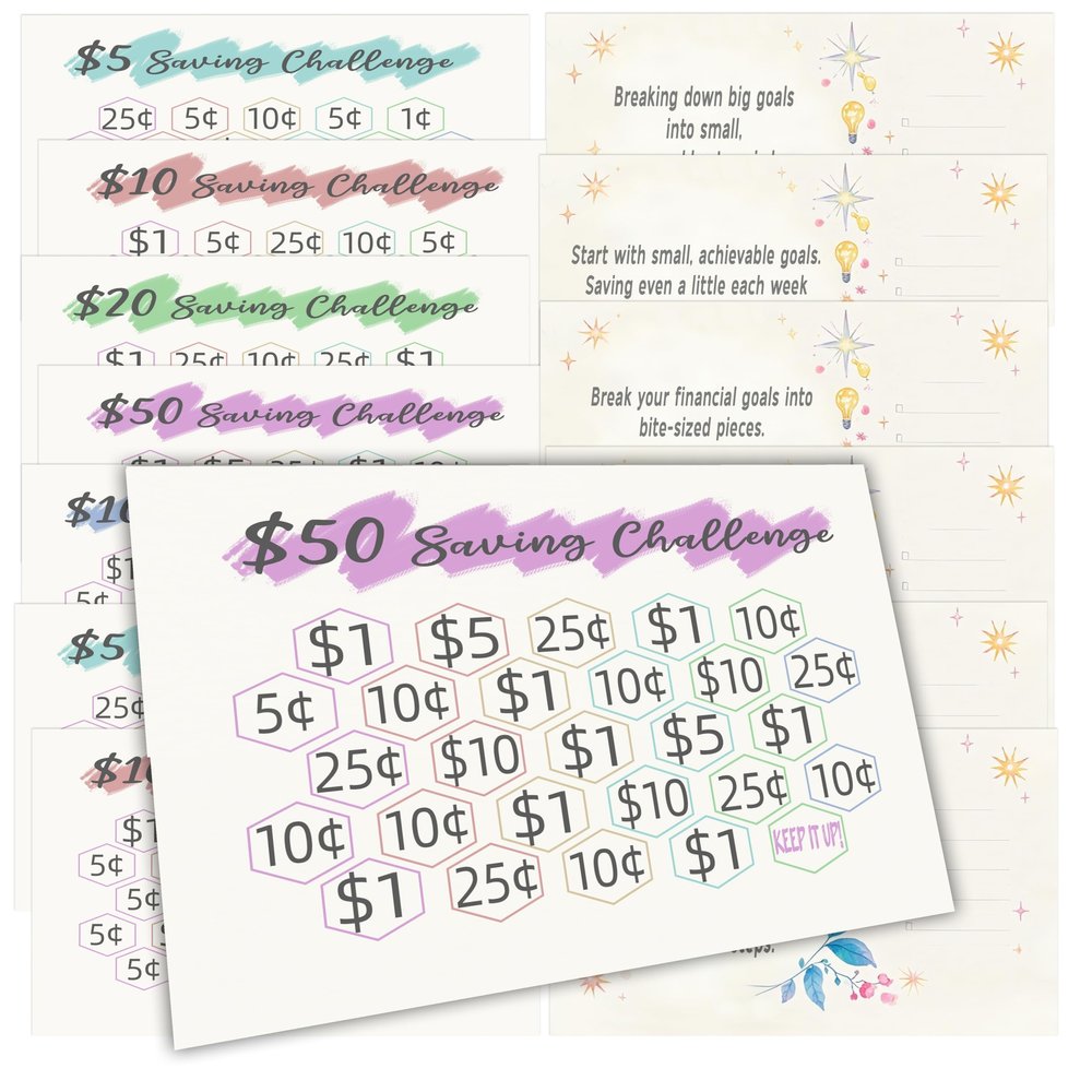 Add Savings Tracking to Any Piggy Bank Style, Piggy Bank Accessory-Money Goal Tracker,Companion for Piggy Bank-Saving Challenge Card, Piggy Bank Saving Sheet,Teaching Money Tool, 12 Pcs-Easy Mode