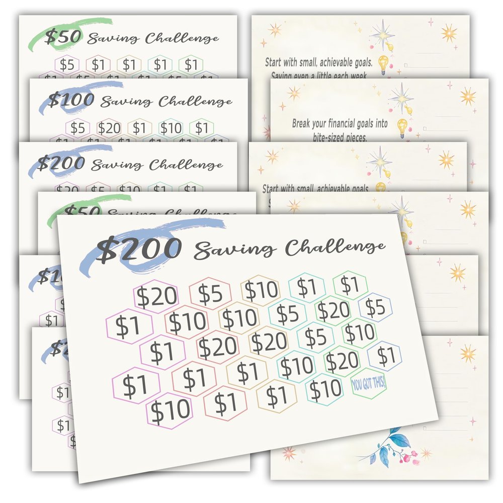 Add Savings Tracking to Any Piggy Bank Style, Piggy Bank Accessory-Money Goal Tracker,Companion for Piggy Bank-Saving Challenge Card, Piggy Bank Saving Sheet,Teaching Money Tool, 12 pcs-Hard Mode