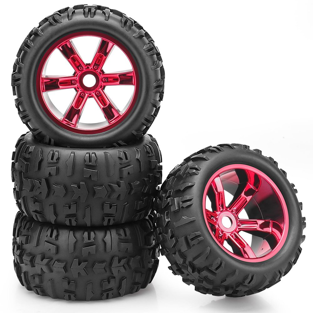 1/8 RC Truck Tires and Wheels, daitoku 17mm Hex Off-Road RC Car Tires Wheels Set with Electroplated Hubs for Traxxas Maxx E-Revo 2.0 3.3 Summit Revo 3.3 Arrma Kraton Outcast 4-6S (Red)