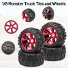 1/8 RC Truck Tires and Wheels, daitoku 17mm Hex Off-Road RC Car Tires Wheels Set with Electroplated Hubs for Traxxas Maxx E-Revo 2.0 3.3 Summit Revo 3.3 Arrma Kraton Outcast 4-6S (Red) view 4
