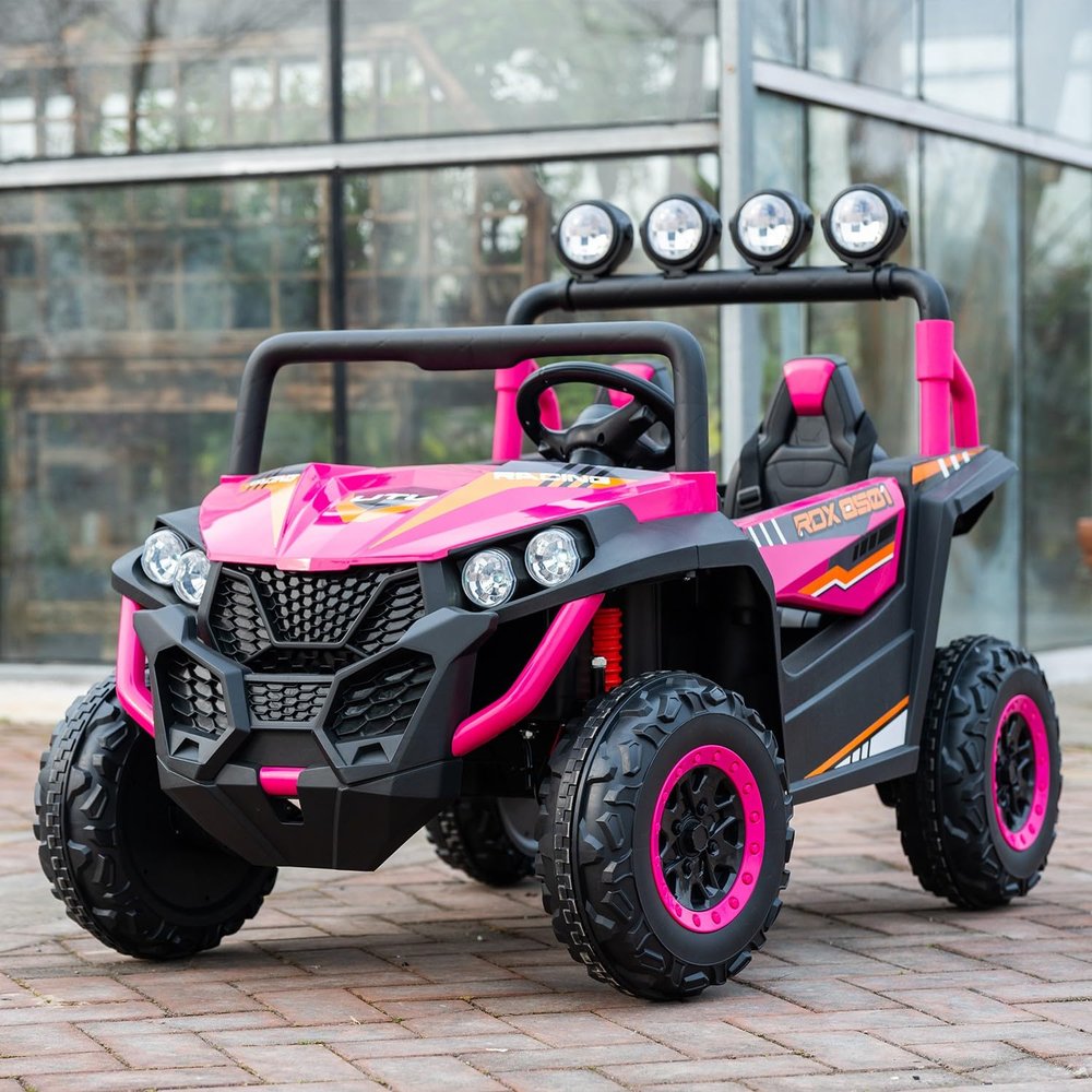 24V 2-Seater Kids Ride-On UTV, 4WD Electric Car with Parent Remote Control, 4x200W Motor, LED Headlights & Searchlights, Bluetooth Music, Spring Suspension, 3-Speed Off-Road Toy Gift, Rosered