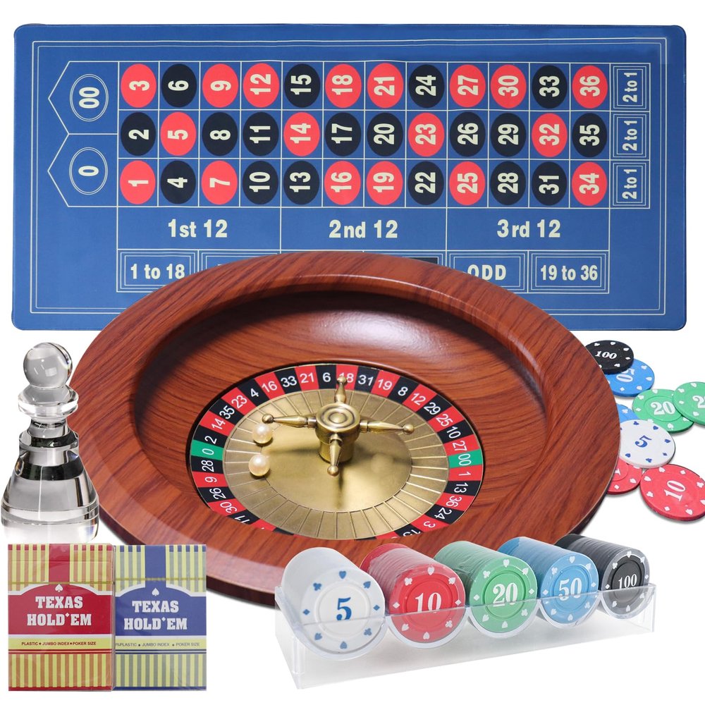 12 Solid Roulette Wheel Set, Roulette Table Casino Games with 12 Solid Wood Roulette Wheel, 47 x 24 Felt Roulette Mat, 100pcs Poker Chips, 2 Decks of Playing Cards for Casino Game, Gambling Games