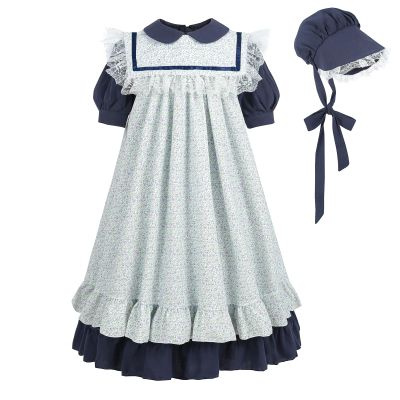 LTAKK Pioneer Dress Girls Colonial Costume Girl Prairie Pilgrim Dresses with Pinafore and Bonnet, Navy Blue, XL