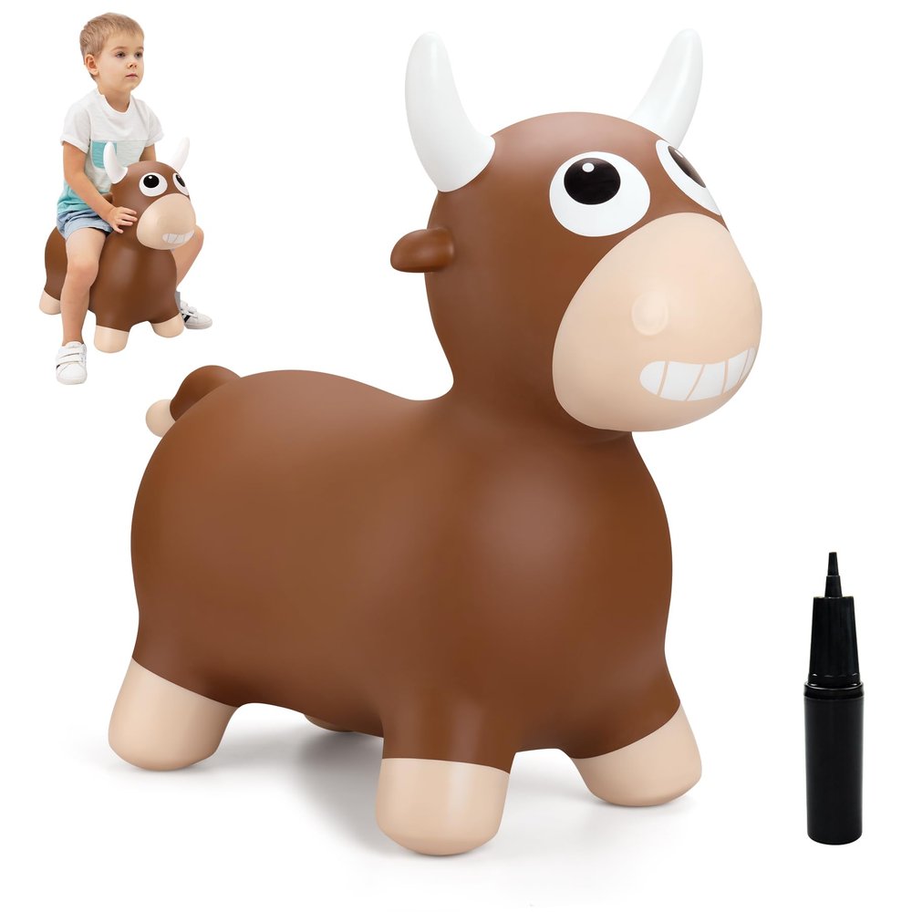 ZOOJOY Bouncy Bull Hopping Toys, Inflatable Brown Bouncy Horse Animal Hopper for Toddles, Outdoor Indoor Bouncing and Riding Toys for Boys Girls, Birthday Gifts for 18 Months 2 3 4 5 6 Yrs w/Pump