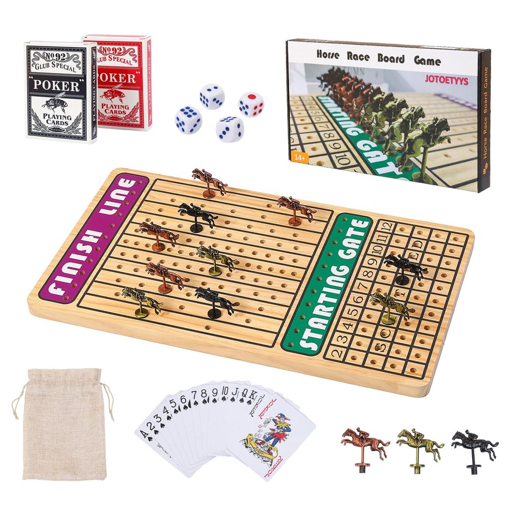 21 in Horse Race Board Game Racing Game Thickened Solid Wood with 11 Metal Horses, 2 Cards & 4 Dice, Horse Racing Game for 2-6 Players