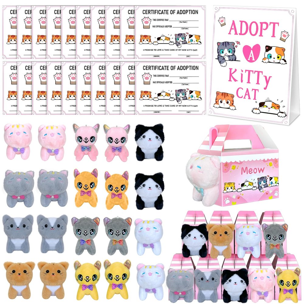 63 Pcs Adopt a Cat Party Favors Include 20 Foldable Kitten Boxes 20 Mini Stuffed Cats 20 Card 1 Sign 2 Fence for Adopt a Kitty Party Favors Cat Supplies Gifts
