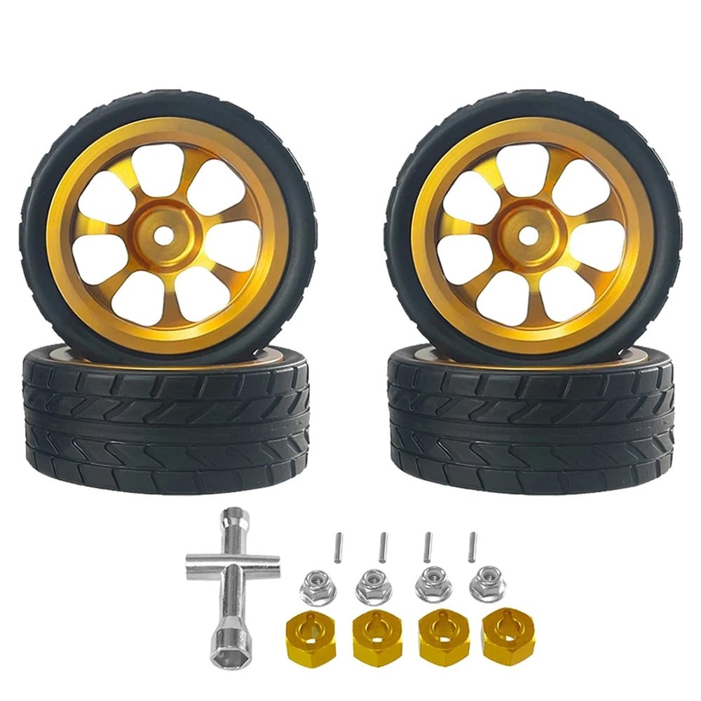 DAIKONRICH for MJX Hyper go 1/14 14301 14302 for Wltoys 1/12 1/14 1/18 Metal Wheel Hub Upgrade Wheel 12mm Adapter M3 Nut RC Car Tires(Gold)