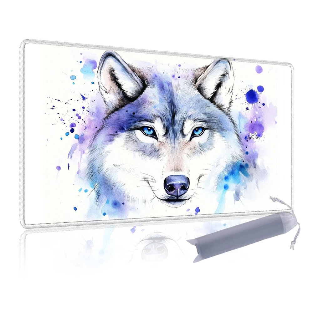 KUJKBFWJ for MTG Playmat in Storage Bag, Commander Board Game Play Mat Desk Pad, Hand-Painted Stitched Edges Aged Map 23.6x13.8 in,Ideal for TCGCCGRPG Game Playmat, Watercolour Wolf