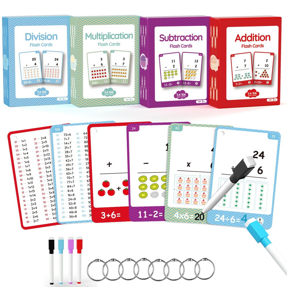 220Cards, 424Pictures Educational Math Flash Cards, Addition Subtraction Multiplication Division Flash Cards, for 7,8,9,10,11Years, 2ed, 3rd,4th,5th, 6th Grade Boys Girls.(Add Sub MUL Div Set)