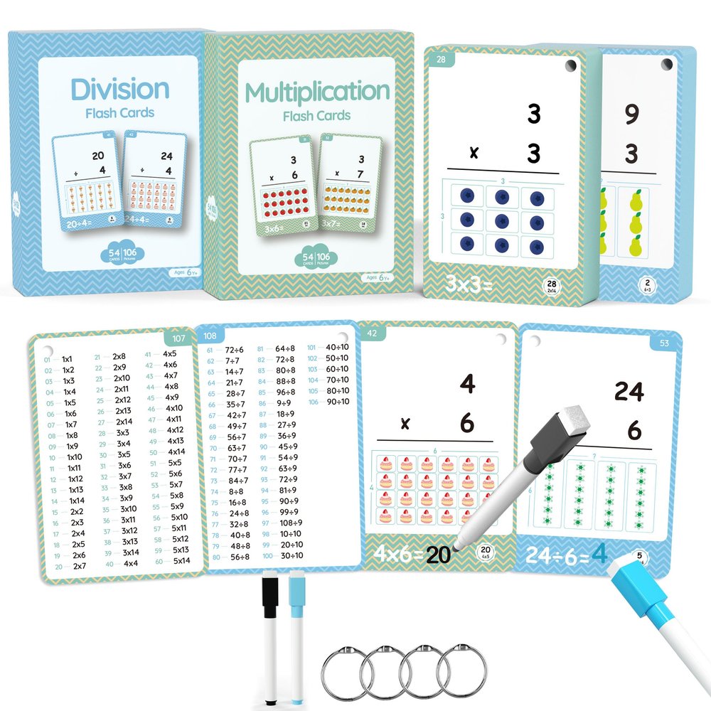 110 Cards, 212 Pictures Educational Math Flash Cards, MUL Div Multiplication Division Flash Cards, for Toddlers 7,8,9,10,11 Years for 2ed, 3rd,4th,5th, 6th Grade Studends. (Multi Division Set)