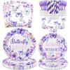 120 Pcs Butterfly Kisses Birthday Wishes Party Supplies Girl Purple Spring Butterfly Birthday Decoration Includes Paper Plates Napkins Cups Straws Forks for Butterfly 1st 2nd 3rd 4th Birthday Favors view 1