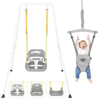 4-in-1 Toddler Swing Set & Baby Jumper and Bouncer for Toddlers, Foldable Baby Swing Stand for Outdoor Indoor Play, Easy to Assemble and Store for Ages 6 Months to 10 Years Old (White)