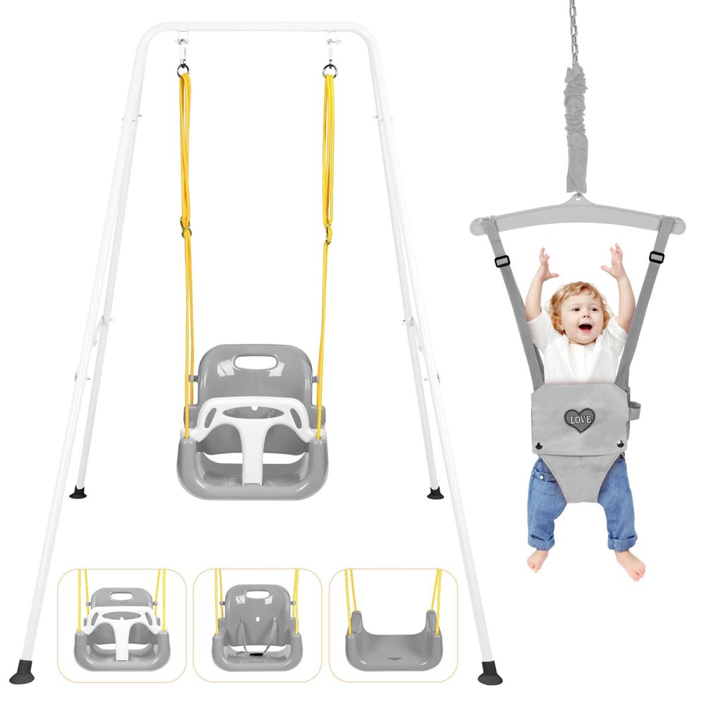 4-in-1 Toddler Swing Set & Baby Jumper and Bouncer for Toddlers, Foldable Baby Swing Stand for Outdoor Indoor Play, Easy to Assemble and Store for Ages 6 Months to 10 Years Old (White)