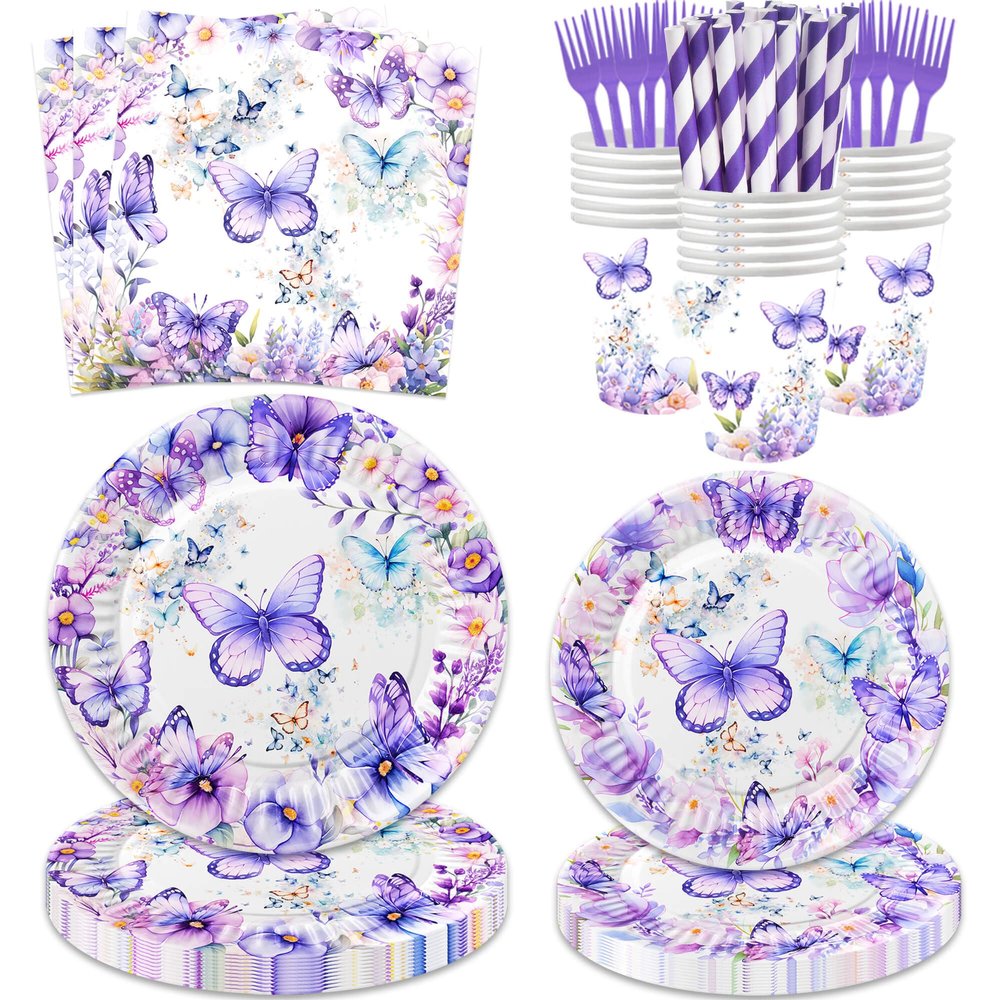 120 Pcs Butterfly Birthday Party Supplies Girl Purple Spring Butterfly Birthday Decorations Includes Paper Plates Napkins Cups Straws Forks for Butterfly Baby Shower 1st 2nd 3rd 4th Bday Favors