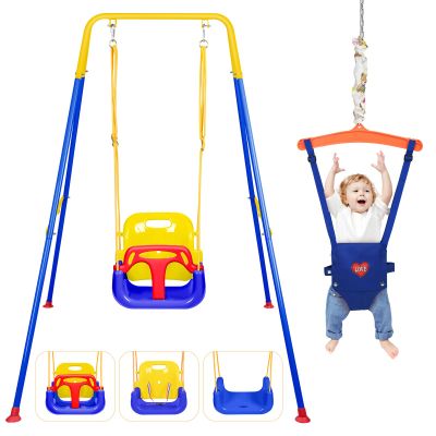 4-in-1 Toddler Swing Set & Baby Jumper and Bouncer for Toddlers, Foldable Baby Swing Stand for Outdoor Indoor Play, Easy to Assemble and Store for Ages 6 Months to 10 Years Old (Blue)