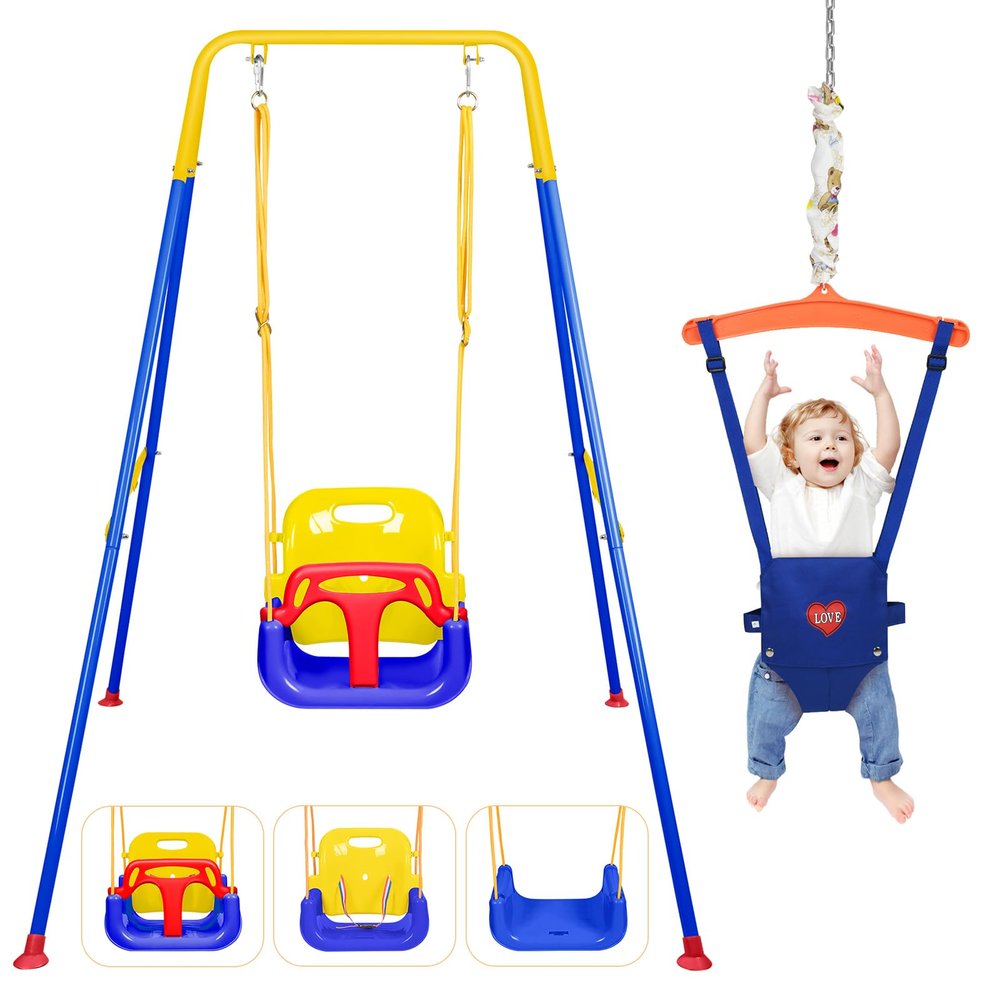 4-in-1 Toddler Swing Set & Baby Jumper and Bouncer for Toddlers, Foldable Baby Swing Stand for Outdoor Indoor Play, Easy to Assemble and Store for Ages 6 Months to 10 Years Old (Blue)