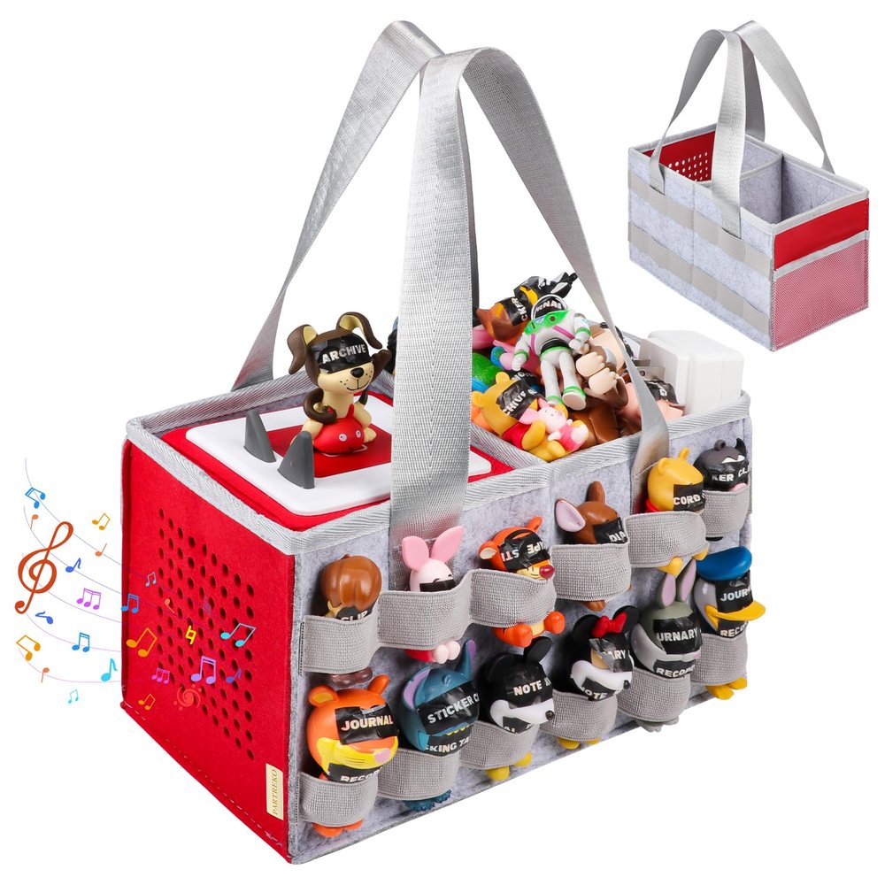 Partreko Carrying Case Compatible with Tonies Box with Audio Position, Portable Travel Storage Bag for Tonies Figures with 24 Elastic Strap, Soft Felt Organizer Case for Toniebox Accessories Gray&Red